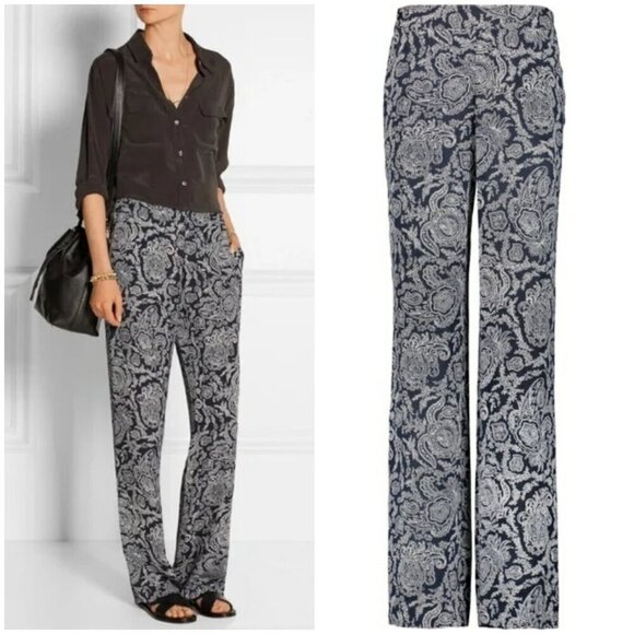 THEORY Mitrana Georgette Wide Leg Pant ~ 100% Silk Navy Blue Paisley Print Large - Picture 2 of 15